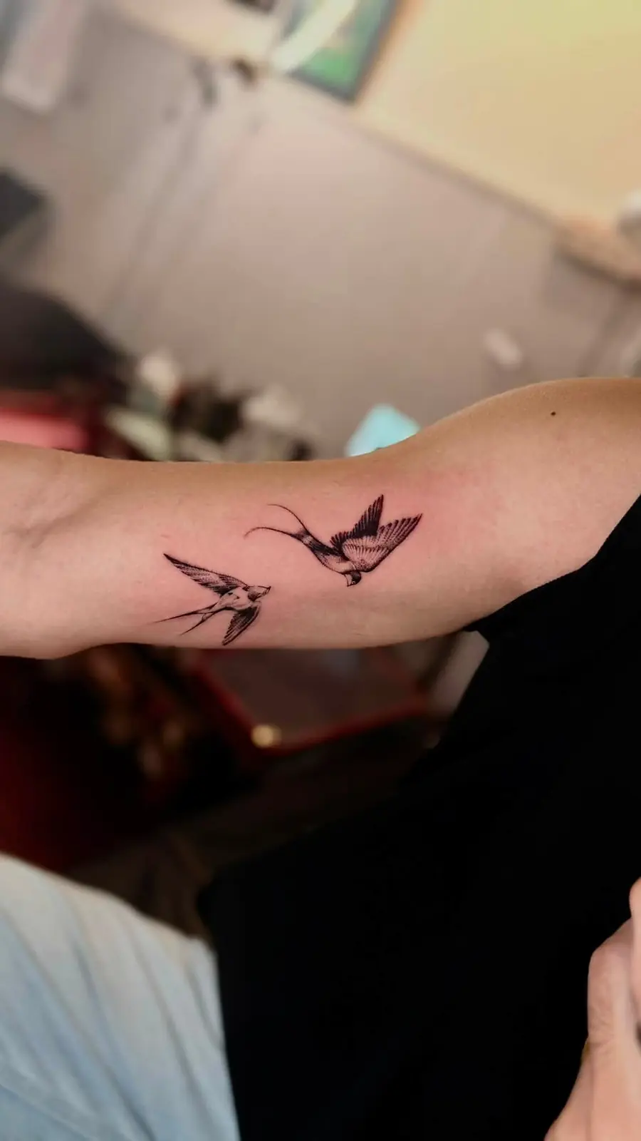 Two fine line swallows on the inside of an upper arm